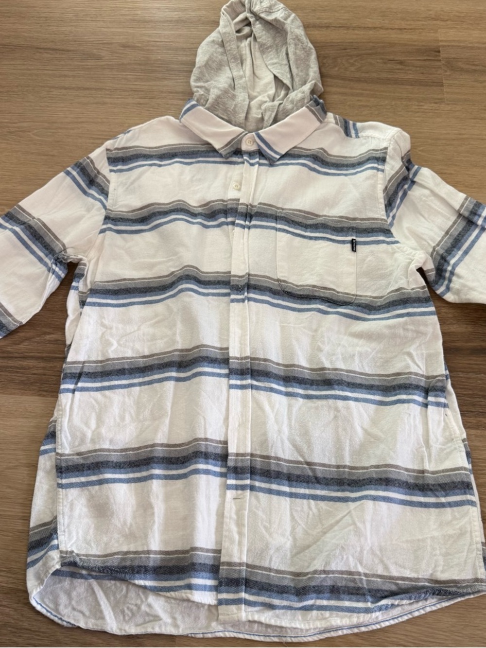 Hurley Hooded Striped Button-Up Shirt - White, Blue & Gray